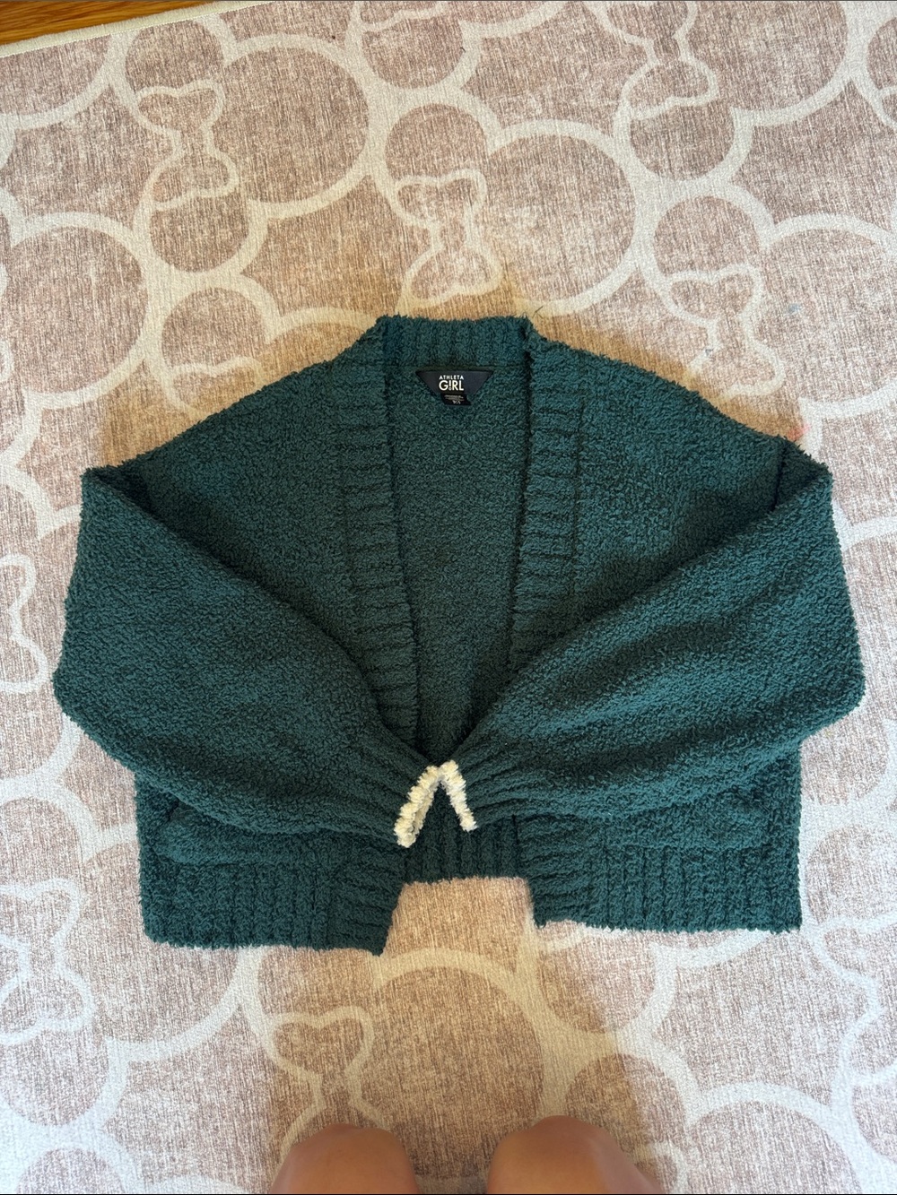 Athleta Girl Forest Green Bouclé fuzzy Open Cardigan size 7